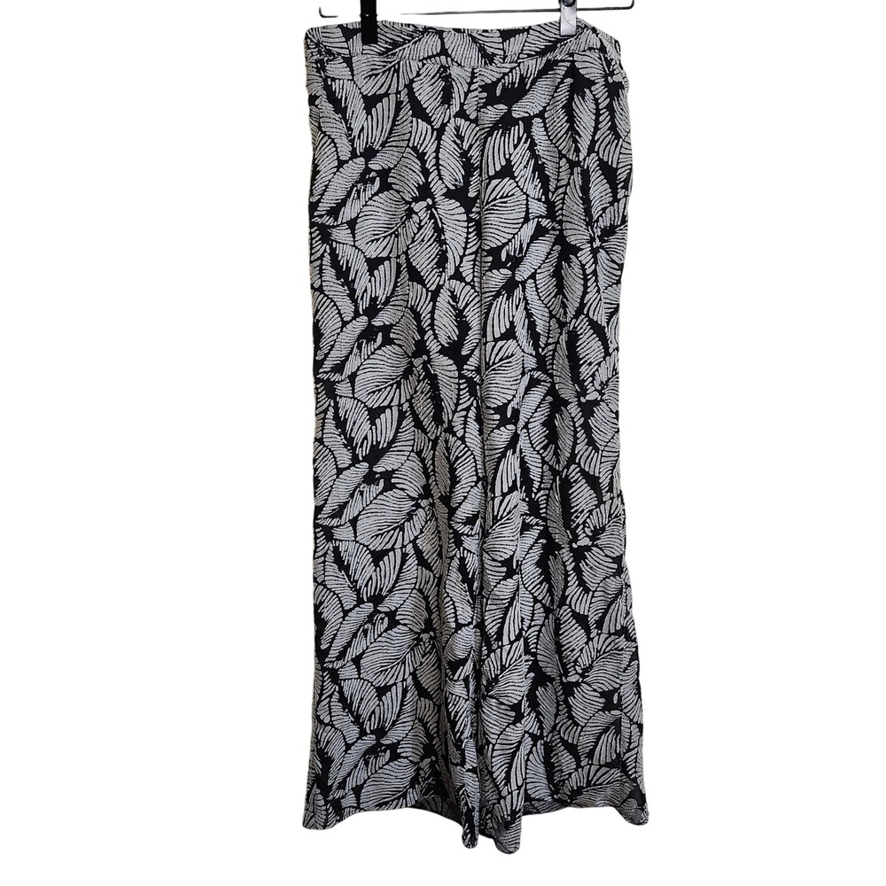 Elevenses Wide Leg Palazzo Pants Black‎ White Leaf Print Boho Bohemian Medium